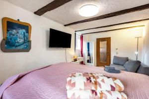 a bedroom with a bed and a tv on the wall at Appartment Schlossmühle in Olsberg in Olsberg
