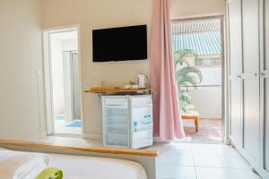 a bedroom with a bed and a tv on a wall at Bois Bleu Bed And Breakfast in Tamarin