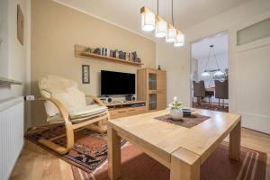 a living room with a table and a chair and a television at Gästeapartment Hannover in Hannover