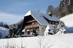 a building covered in snow on a snow covered slope at Gästehaus Absbachtal in Bad Rippoldsau-Schapbach