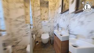 a bathroom with a white toilet and a sink at Landhaus Ferien Ostsee in Sterup +34 photos