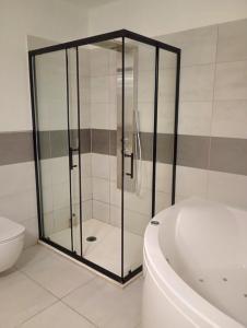 a bathroom with a shower and a tub and a toilet at Domus cinque in Borghetto Santo Spirito +7 photos