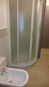費尼斯的住宿－Camera Fenis，带淋浴和白色盥洗盆的浴室