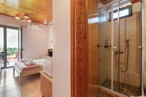 a bathroom with a shower with a glass door at Nontas Homes 37 in Kalamitsi