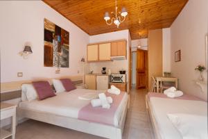 a living room with two beds and a kitchen at Nontas Homes 37 in Kalamitsi