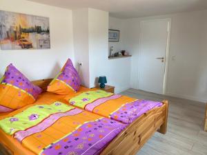 a bedroom with a large bed with colorful pillows at Fischerhaus Zecherin in Zecherin