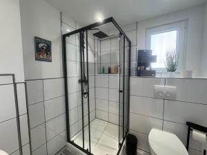 a shower with a glass door in a bathroom at M und S - Landidyll am Weiher in Harsum +21 photos