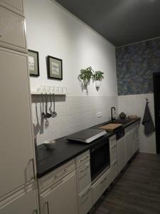 a kitchen with white cabinets and a black counter top at am Conradhof in Goch +3 photos