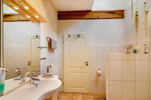 a bathroom with a sink and a shower at Gulfhof Oldersum Erdgeschoss in Moormerland +20 photos