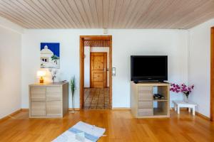 a living room with a flat screen tv and a door at Haus Strohmeier in Brandenberg
