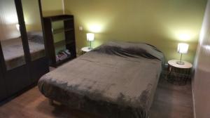 a bedroom with a bed and two tables with lamps at Chez Léa in Bourges