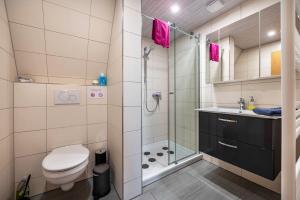 a bathroom with a shower and a toilet and a sink at Ferienwohnung Ankerplatz in Osterbruch +20 photos