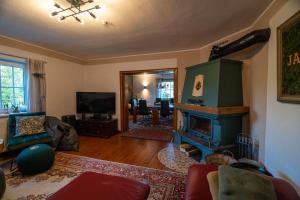 ein Wohnzimmer mit Kamin und Fernseher in der Unterkunft Jachthuus in Brilon