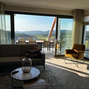 a living room with a couch and a table at Wellnessappartement Winterberg D4 in Winterberg +8 photos