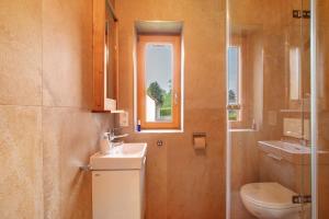 a bathroom with a sink and a toilet and a window at Tinyhaus am Bussen in Unlingen