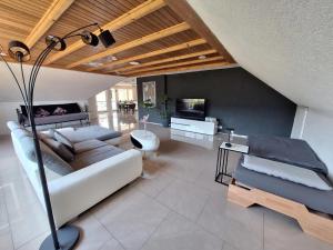 a large living room with a couch and a tv at Pure Vista Hank Schwarzwaldblick in Luttingen