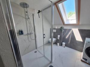 a bathroom with a shower with a glass door at Pure Vista Hank Schwarzwaldblick in Luttingen +37 photos
