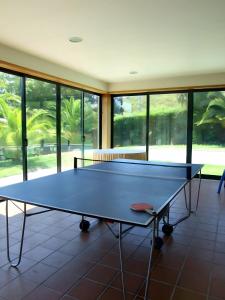 a ping pong table in a room with windows at Casa de Valdemar in Felgueiras