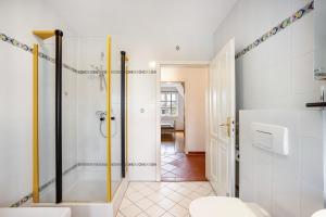 a bathroom with a shower and a toilet at Ferienwohnung Gestüt Kriseby in Lübeck +18 photos