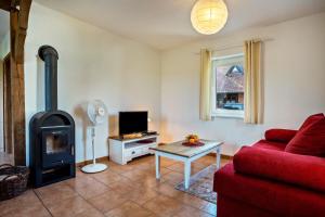 a living room with a red couch and a wood stove at Hof Verchen Nahe Kummerower See in Verchen