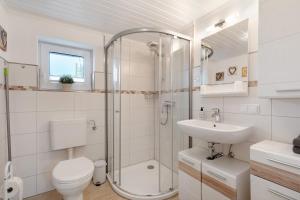 a bathroom with a shower and a toilet and a sink at Ferienwohnung Landhaus Loose in Schashagen +17 photos