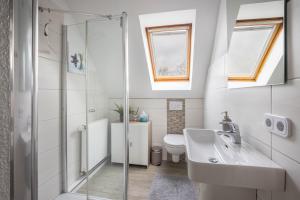 a bathroom with a shower and a sink and a toilet at Ferienwohnung Krempermoor 2 in Krempermoor +14 photos