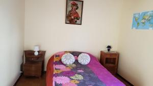 a bedroom with a bed with a purple blanket at Gite La Combe de Melvieu in Viala-du-Tarn