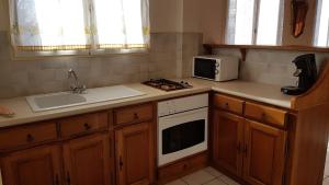 a kitchen with a sink and a microwave at Gite La Combe de Melvieu in Viala-du-Tarn