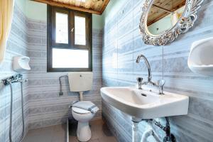 a bathroom with a sink and a toilet and a mirror at Old Boat 12 in Nikiana