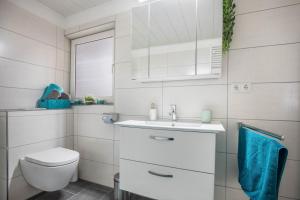 a white bathroom with a toilet and a sink at Ferienhaus an der Göhrde in Zernien +19 photos