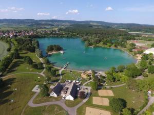 an aerial view of a lake in a park at Ferienwohnung am Schlosssee in Salem