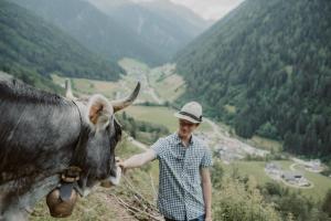 a man petting a cow on a mountain at Gogererhof App Maria in Racines +13 photos