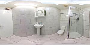 a bathroom with a shower and a sink and a toilet at Apartment in cite center in Manchester +3 photos