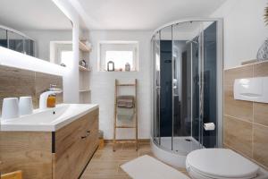 a bathroom with a toilet and a sink and a shower at Grünzweig in Dobeneck +24 photos