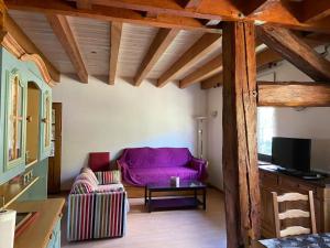 a living room with a purple couch and a tv at Entre Lacs et Sapins in Dortan