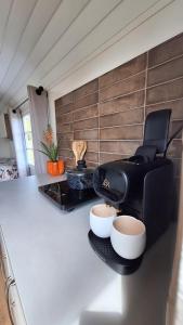 eine Küchentheke mit zwei Schüsseln auf einem Tisch in der Unterkunft Westerhoeve in Petten