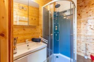 a bathroom with a shower and a sink at Le Chalet Houda et spa en option in Nîmes +18 photos