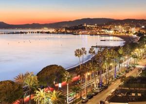 a view of a beach with palm trees and a city at Maison Centre Cannes Avec Terrasse in Cannes