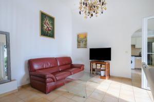 a living room with a leather couch and a television at Maison Centre Cannes Avec Terrasse in Cannes