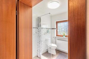 a bathroom with a shower and a toilet at Ferienwohnung Wanderbar in Kamp-Bornhofen +22 photos