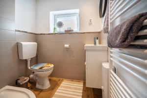 a bathroom with a toilet and a sink at Bezauberndes Lütt Hus in Damlos +17 photos