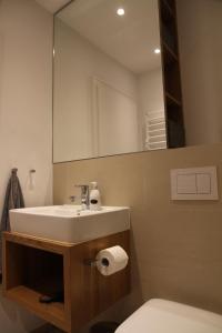 a bathroom with a sink and a mirror and a toilet at Ferienwohnung Strandgut in Glücksburg +6 photos
