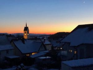 a view of a town with snow covered roofs and a church at Ferienwohnung Haus Maria in Wäschenbeuren