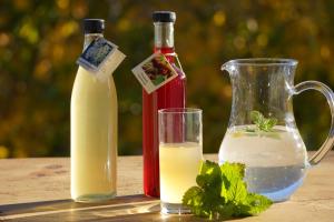 two bottles of milk and a pitcher of water and a glass at Waalhof Ferienwohnung Apfelblüte in Silandro