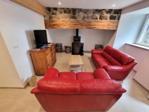 a living room with two red couches and a television at L'Ecole Buissonnière de Mazalibrand in Mazet-Saint-Voy