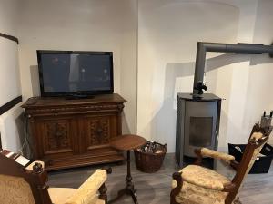 a living room with a tv and a fireplace at Burghaus in Bad Driburg