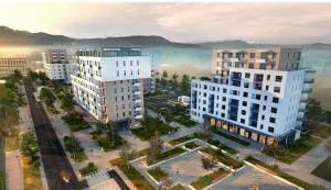 an aerial view of a city with tall buildings at Cliché Luxury Apartment in Braşov