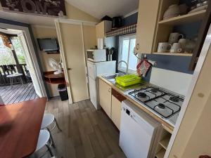 a small kitchen with a stove and a refrigerator at Salamandre in Sainte-Croix-de-Verdon