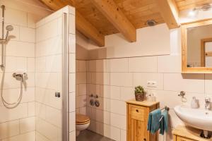 a bathroom with a shower and a toilet and a sink at Apartment Ferienhaus Huber in Grainau +22 photos