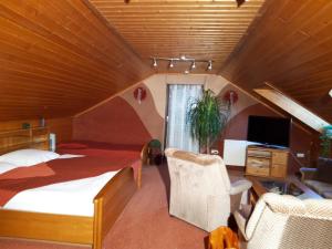 a bedroom with a bed and a desk and a television at Schwäbische Alb in Gomadingen